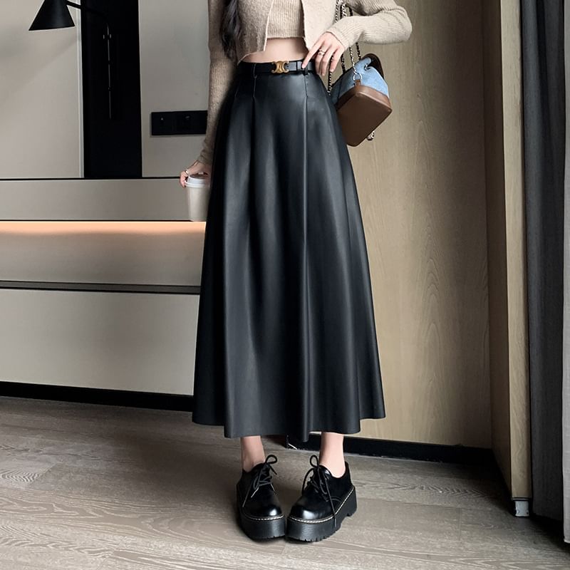 High Rise Faux Leather Midi A-Line Skirt