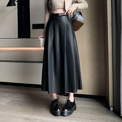 High Rise Faux Leather Midi A-Line Skirt