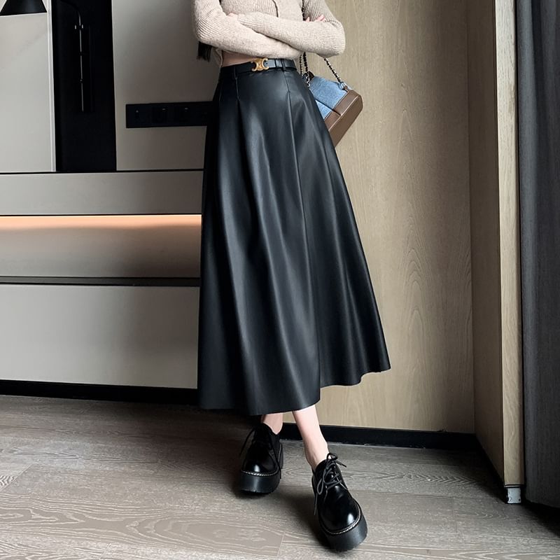 High Rise Faux Leather Midi A-Line Skirt