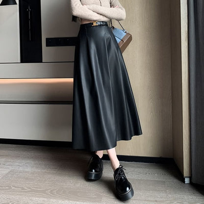 High Rise Faux Leather Midi A-Line Skirt