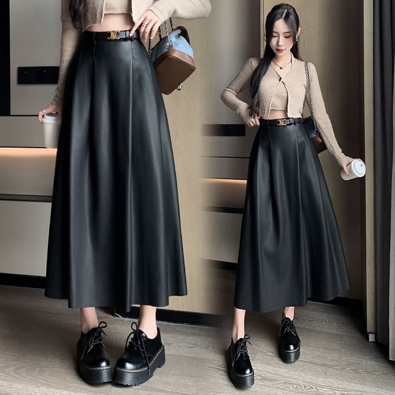 High Rise Faux Leather Midi A-Line Skirt
