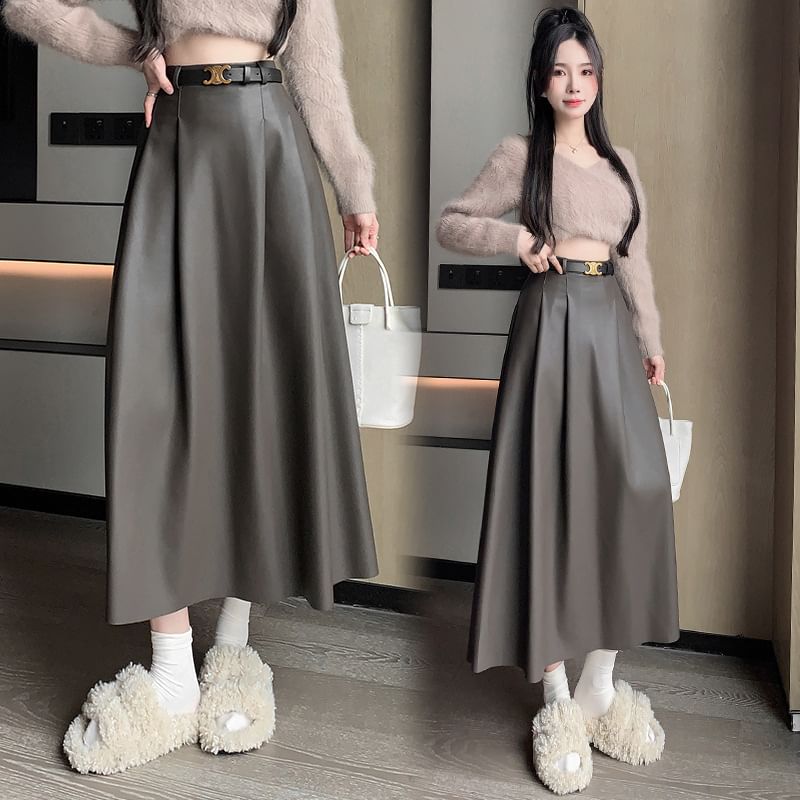 High Rise Faux Leather Midi A-Line Skirt