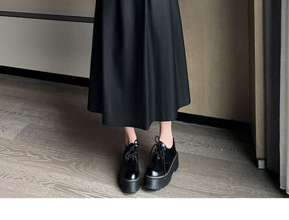 High Rise Faux Leather Midi A-Line Skirt