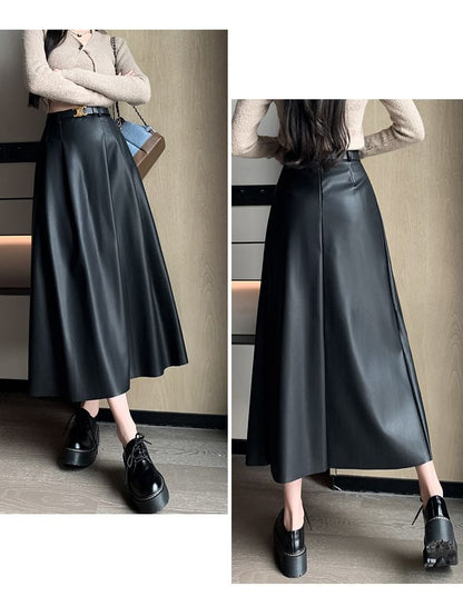 High Rise Faux Leather Midi A-Line Skirt