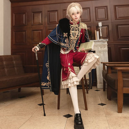 Stand Collar Embroidered Ruffle Panel Jacquard Zip Jacket / High Waist Tiered Capri Straight Leg Pants / Panel Faux Fur Cape / Set