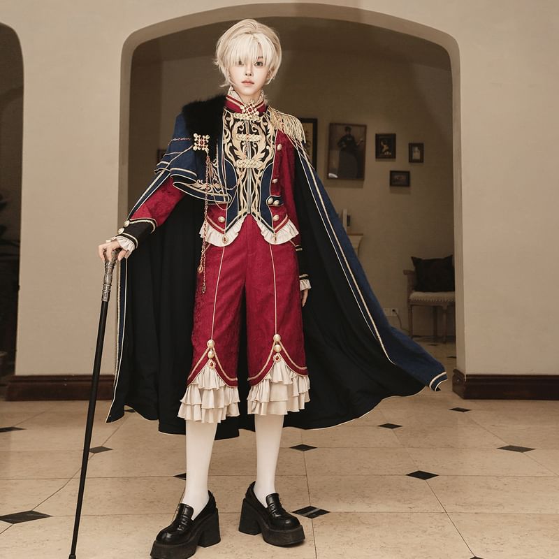 Stand Collar Embroidered Ruffle Panel Jacquard Zip Jacket / High Waist Tiered Capri Straight Leg Pants / Panel Faux Fur Cape / Set