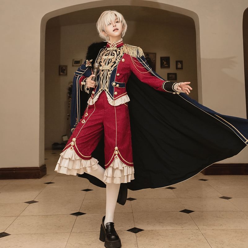 Stand Collar Embroidered Ruffle Panel Jacquard Zip Jacket / High Waist Tiered Capri Straight Leg Pants / Panel Faux Fur Cape / Set