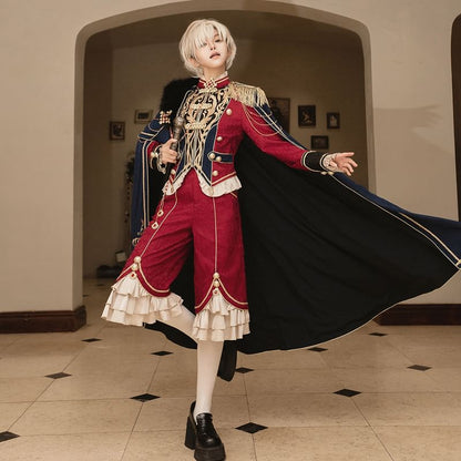 Stand Collar Embroidered Ruffle Panel Jacquard Zip Jacket / High Waist Tiered Capri Straight Leg Pants / Panel Faux Fur Cape / Set