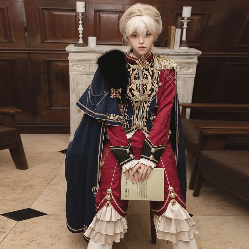 Stand Collar Embroidered Ruffle Panel Jacquard Zip Jacket / High Waist Tiered Capri Straight Leg Pants / Panel Faux Fur Cape / Set