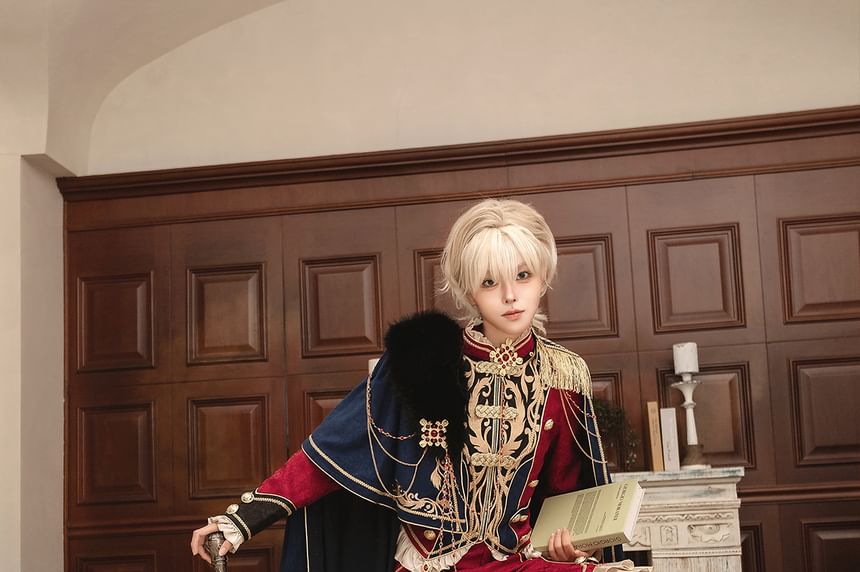 Stand Collar Embroidered Ruffle Panel Jacquard Zip Jacket / High Waist Tiered Capri Straight Leg Pants / Panel Faux Fur Cape / Set