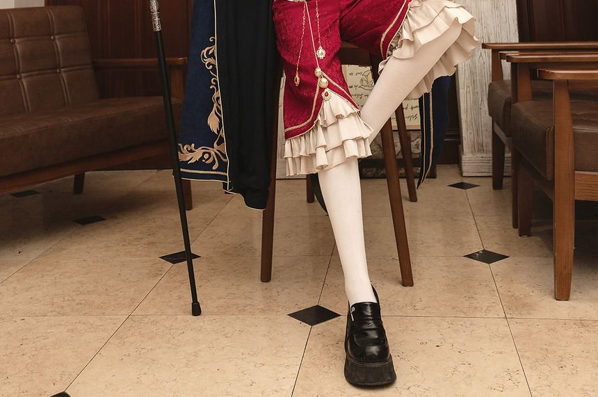 Stand Collar Embroidered Ruffle Panel Jacquard Zip Jacket / High Waist Tiered Capri Straight Leg Pants / Panel Faux Fur Cape / Set