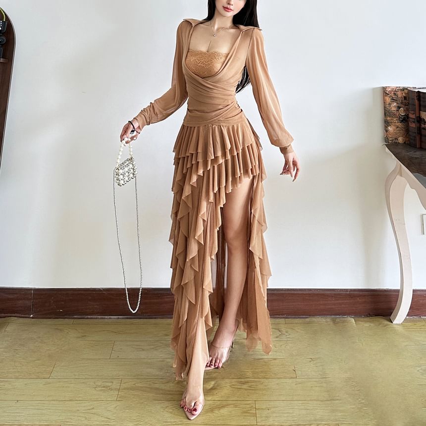 Square Neck Ruched Long Sleeve Top with Asymmetric Maxi Skirt