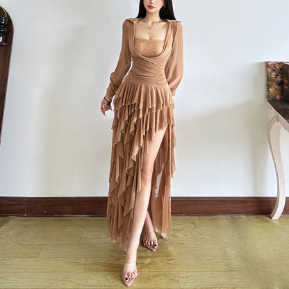 Square Neck Ruched Long Sleeve Top with Asymmetric Maxi Skirt