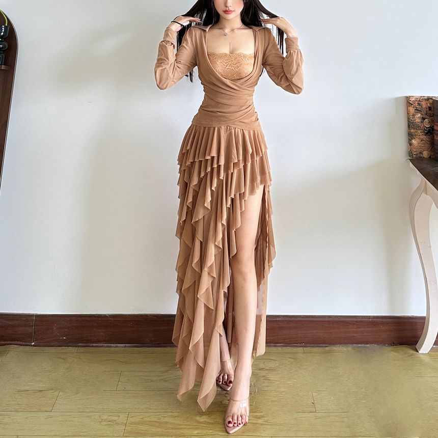 Square Neck Ruched Long Sleeve Top with Asymmetric Maxi Skirt