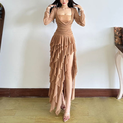 Square Neck Ruched Long Sleeve Top with Asymmetric Maxi Skirt