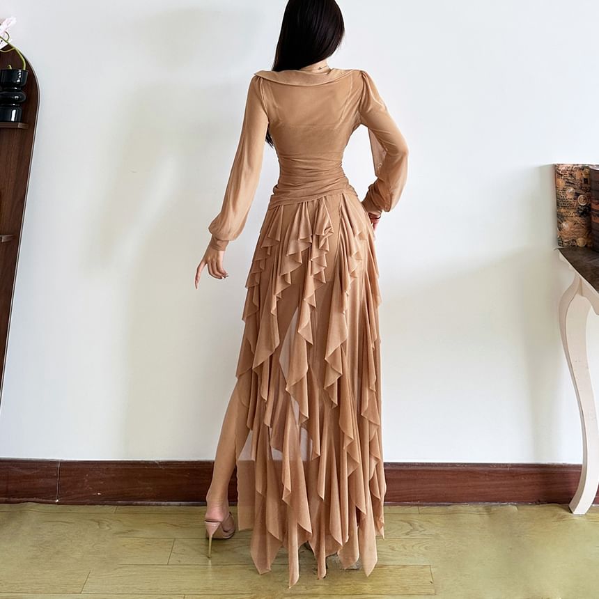 Square Neck Ruched Long Sleeve Top with Asymmetric Maxi Skirt