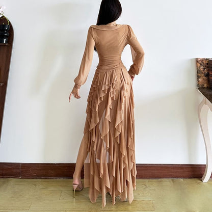 Square Neck Ruched Long Sleeve Top with Asymmetric Maxi Skirt