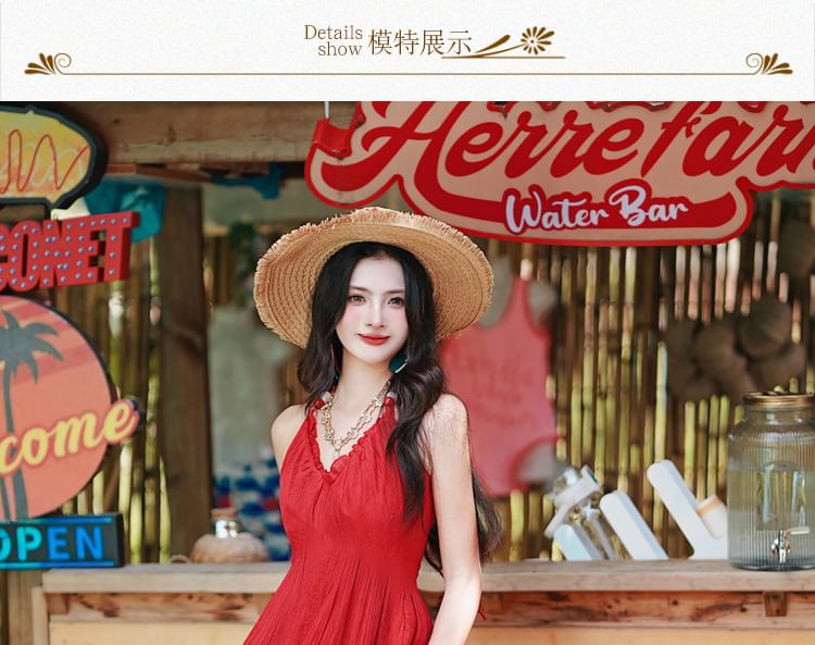 Halter Plain Tiered Ruffle Panel Maxi A-Line Dress / Fringe Scarf / Set