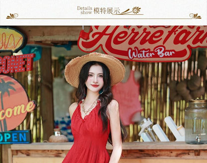 Halter Plain Tiered Ruffle Panel Maxi A-Line Dress / Fringe Scarf / Set