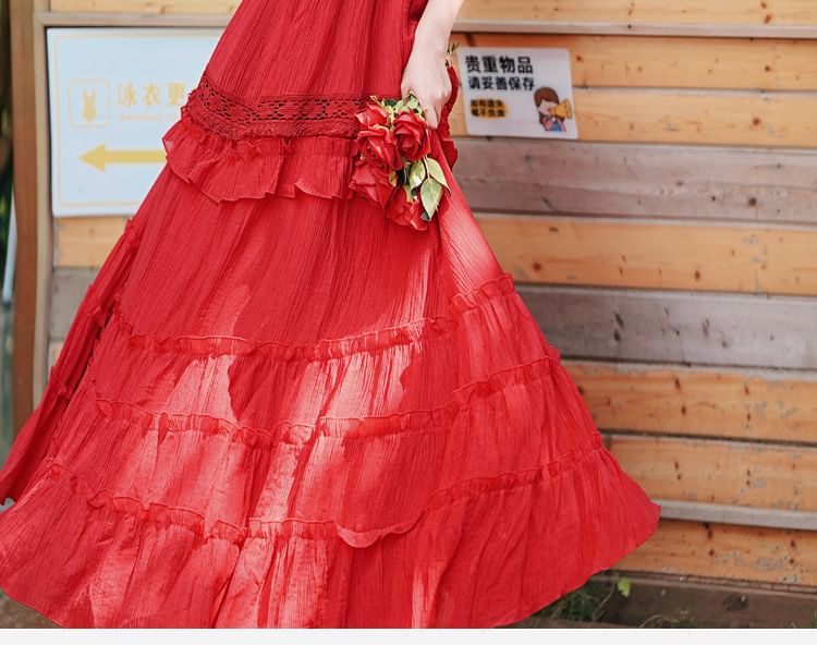 Halter Plain Tiered Ruffle Panel Maxi A-Line Dress / Fringe Scarf / Set