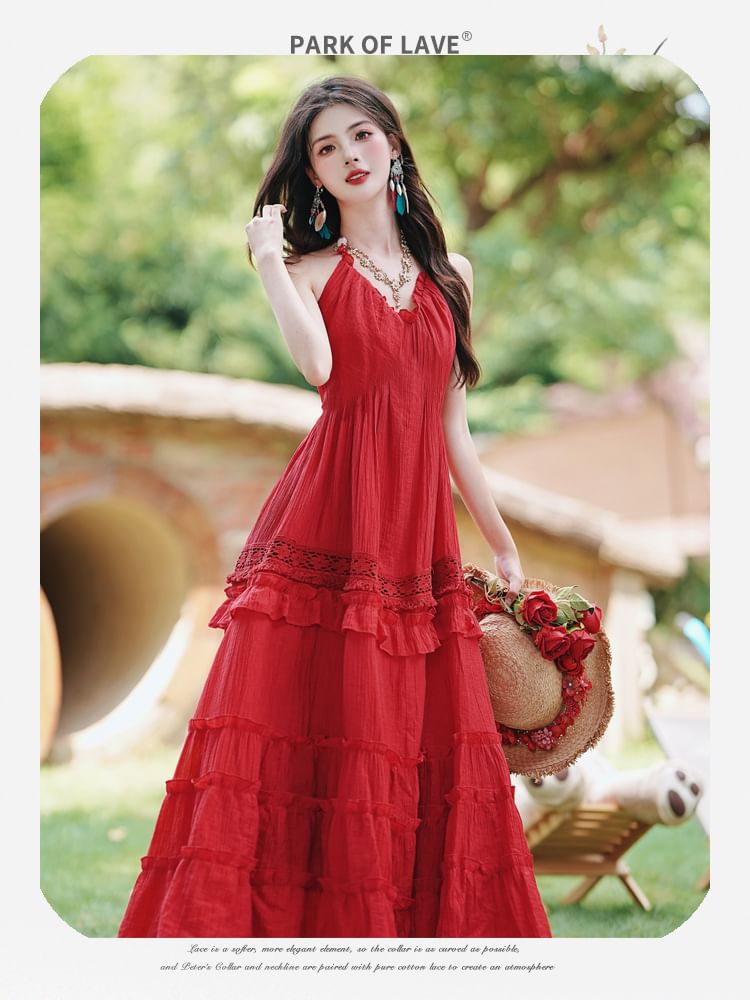 Halter Plain Tiered Ruffle Panel Maxi A-Line Dress / Fringe Scarf / Set