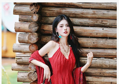 Halter Plain Tiered Ruffle Panel Maxi A-Line Dress / Fringe Scarf / Set