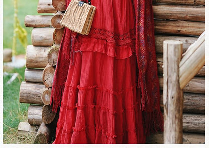 Halter Plain Tiered Ruffle Panel Maxi A-Line Dress / Fringe Scarf / Set