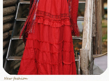 Halter Plain Tiered Ruffle Panel Maxi A-Line Dress / Fringe Scarf / Set