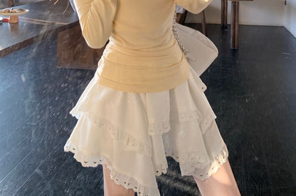 Mock Two-Piece Lace Panel T-Shirt and Eyelet Mini Skirt