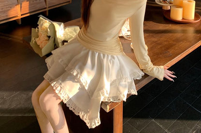 Mock Two-Piece Lace Panel T-Shirt and Eyelet Mini Skirt