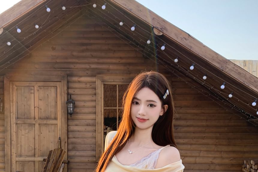 Mock Two-Piece Lace Panel T-Shirt and Eyelet Mini Skirt
