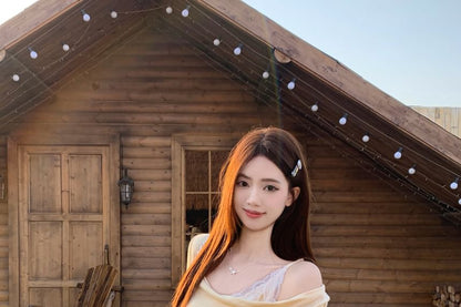 Mock Two-Piece Lace Panel T-Shirt and Eyelet Mini Skirt