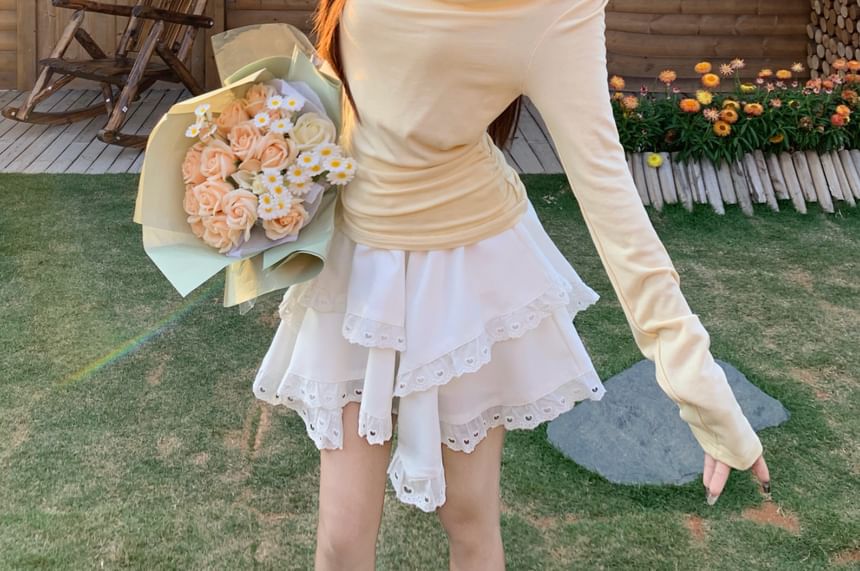 Mock Two-Piece Lace Panel T-Shirt and Eyelet Mini Skirt