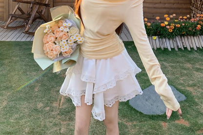 Mock Two-Piece Lace Panel T-Shirt and Eyelet Mini Skirt