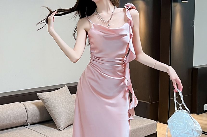Spaghetti Strap Cowl Neck Plain Slit Midi A-Line Dress