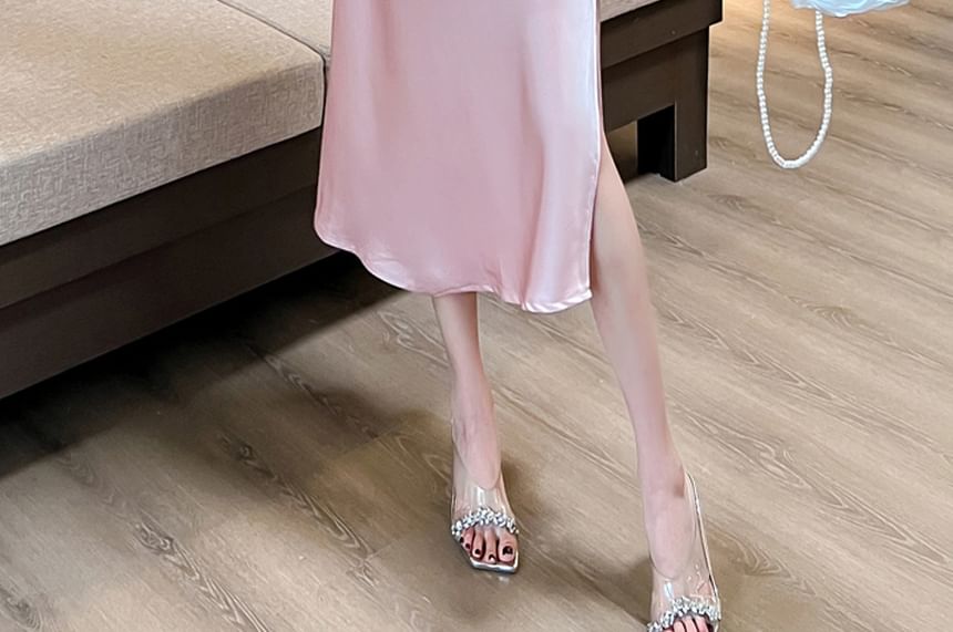 Spaghetti Strap Cowl Neck Plain Slit Midi A-Line Dress