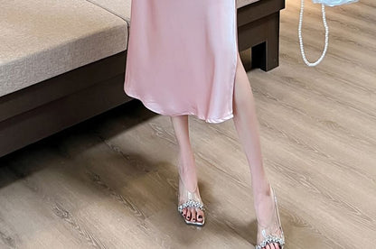 Spaghetti Strap Cowl Neck Plain Slit Midi A-Line Dress