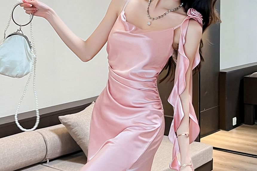 Spaghetti Strap Cowl Neck Plain Slit Midi A-Line Dress