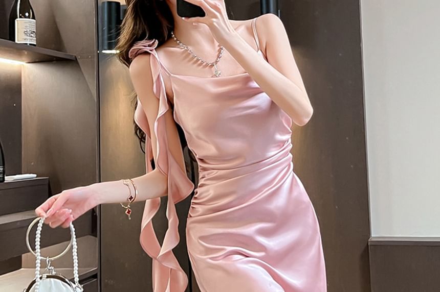 Spaghetti Strap Cowl Neck Plain Slit Midi A-Line Dress