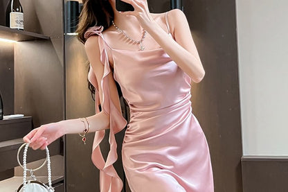Spaghetti Strap Cowl Neck Plain Slit Midi A-Line Dress