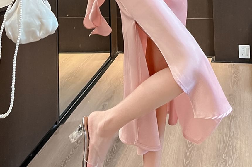 Spaghetti Strap Cowl Neck Plain Slit Midi A-Line Dress
