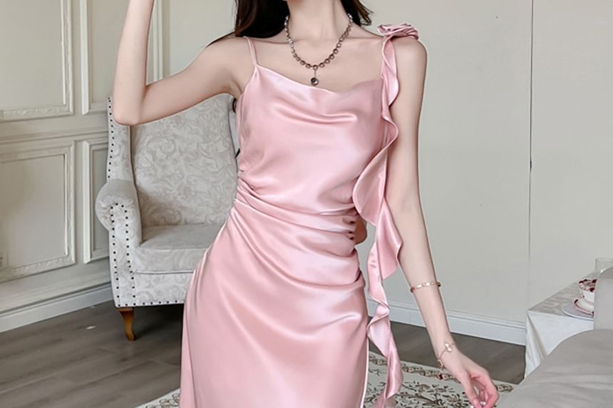 Spaghetti Strap Cowl Neck Plain Slit Midi A-Line Dress