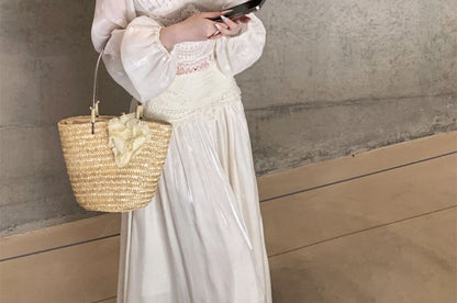 V-Neck Lace Panel Cropped Blouse and Maxi A-Line Skirt