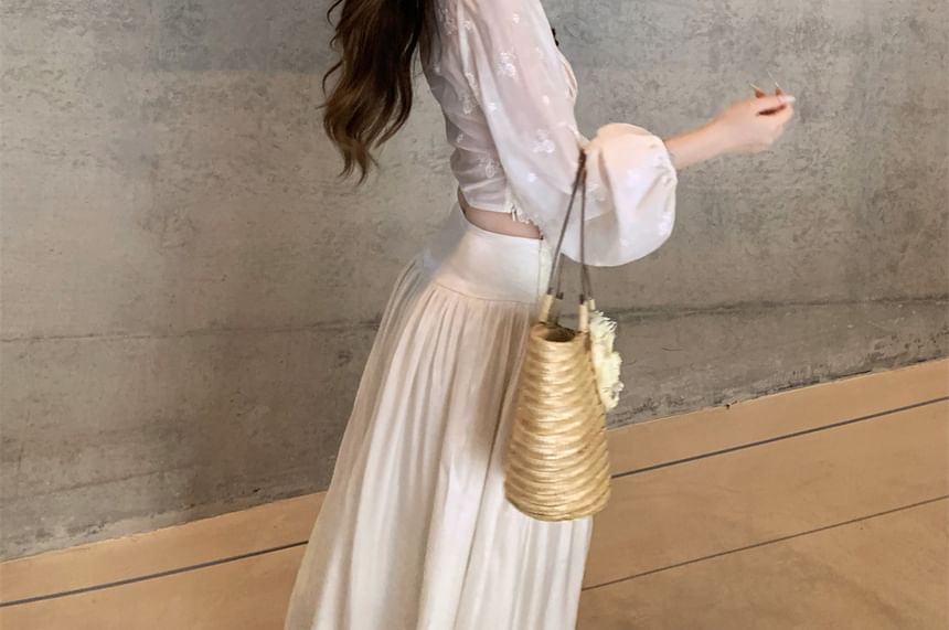 V-Neck Lace Panel Cropped Blouse and Maxi A-Line Skirt