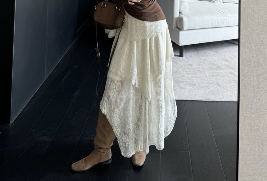 Mock Two-Piece Halter Cowl Neck Lace Panel Top and Midi Skirt