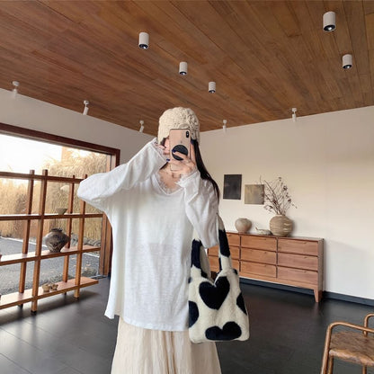 V-Neck Lace Trim T-Shirt and Pointelle Cardigan