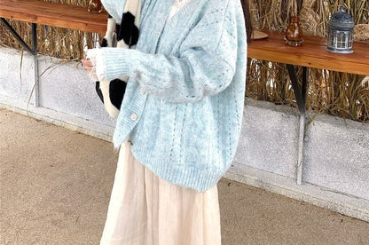 V-Neck Lace Trim T-Shirt and Pointelle Cardigan