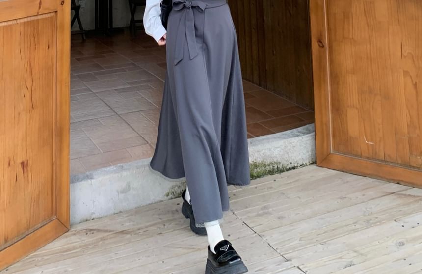 Lace Trim Shirt and Sashed Midi A-Line Skirt