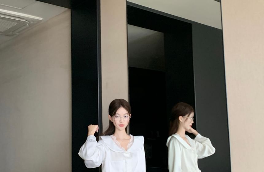 Lace Trim Shirt and Sashed Midi A-Line Skirt