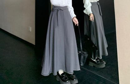 Lace Trim Shirt and Sashed Midi A-Line Skirt